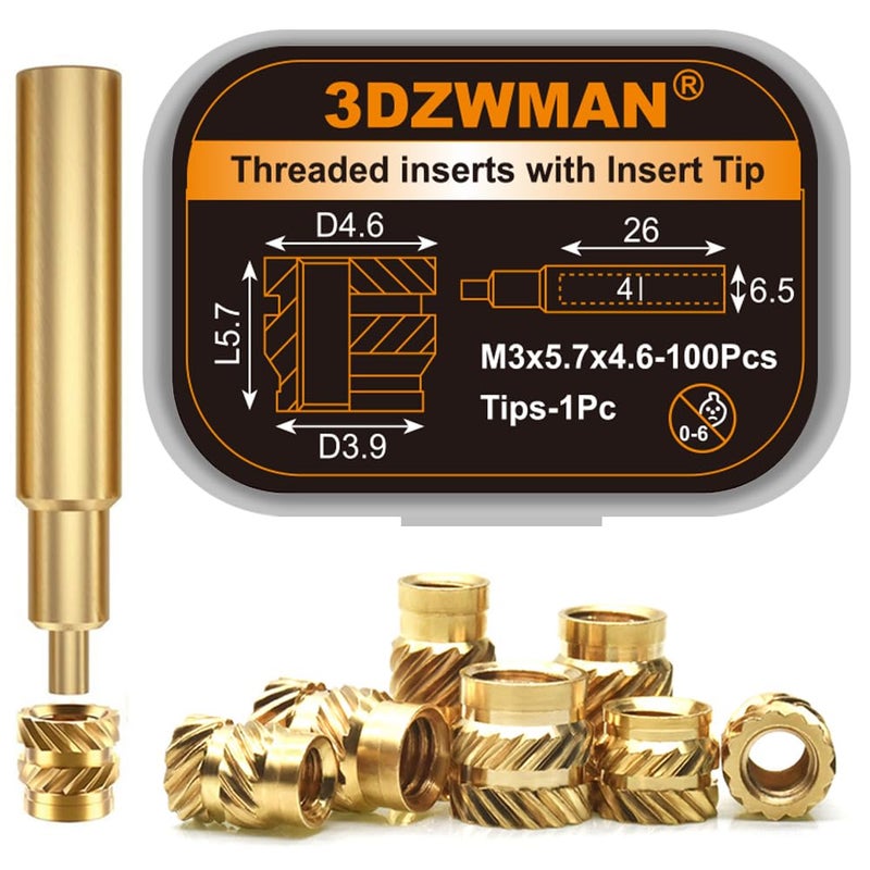 3DZWMAN M3 Threaded Inserts for plastic-100Pcs M3x5.7x4.6 with Heat Set Insert Tools-Brass Metric Knurled Nuts for 3D Printing Components and Plastic Parts - Image 1